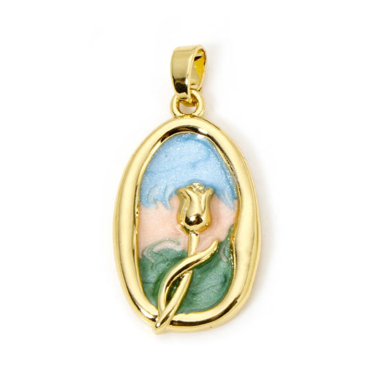 Picture of 1 Piece Brass Oil Painting Style Charm Pendant 18K Real Gold Plated Multicolor Oval Flower Enamel 28mm x 14mm