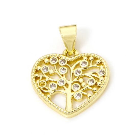 Picture of 2 PCs Brass Valentine's Day Charm Pendant 18K Real Gold Plated Heart Tree of Life Hollow Clear Cubic Zirconia 20mm x 15.5mm