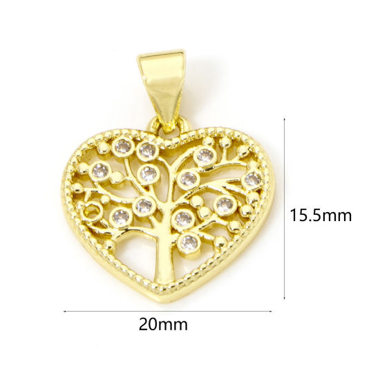 Picture of 2 PCs Brass Valentine's Day Charm Pendant 18K Real Gold Plated Heart Tree of Life Hollow Clear Cubic Zirconia 20mm x 15.5mm