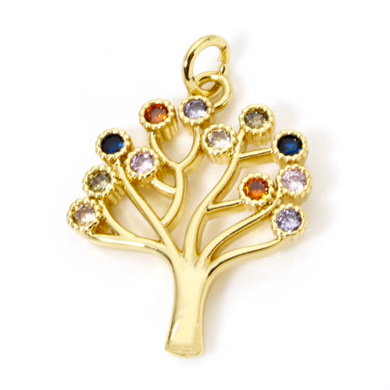 Picture of 2 PCs Brass Charms 18K Real Gold Plated Tree of Life Multicolour Cubic Zirconia 26mm x 18mm