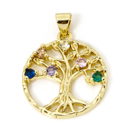 Picture of 2 PCs Brass Charm Pendant 18K Real Gold Plated Round Disc Tree of Life Hollow Multicolour Cubic Zirconia 27mm x 20mm