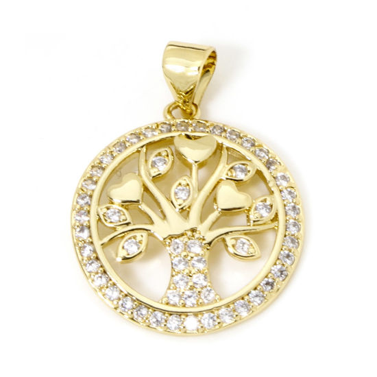 Picture of 2 PCs Brass Micro Pave Charm Pendant 18K Real Gold Plated Round Disc Tree of Life Hollow Clear Cubic Zirconia 25mm x 18mm