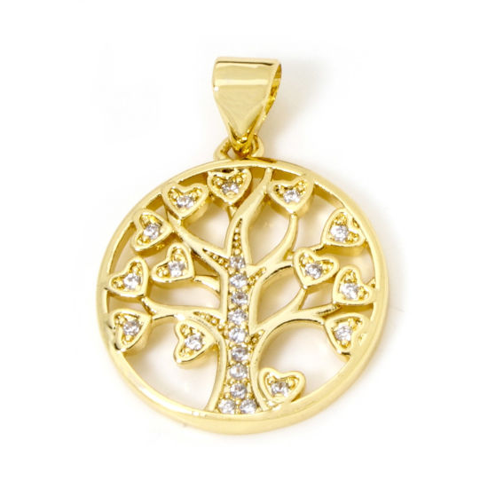 Picture of 2 PCs Brass Micro Pave Charm Pendant 18K Real Gold Plated Round Disc Tree of Life Hollow Clear Cubic Zirconia 24mm x 17mm