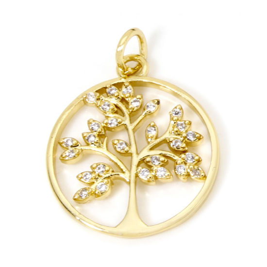 Picture of 2 PCs Brass Charms 18K Real Gold Plated Round Disc Tree of Life Hollow Clear Cubic Zirconia 24mm x 18mm