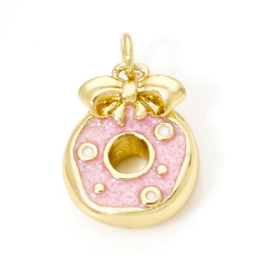 Picture of 2 PCs Eco-friendly Brass Charms 18K Real Gold Plated Pink Pearlized Donut Bowknot Enamel 19mm x 12.5mm