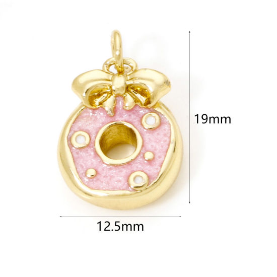 Picture of 2 PCs Eco-friendly Brass Charms 18K Real Gold Plated Pink Pearlized Donut Bowknot Enamel 19mm x 12.5mm