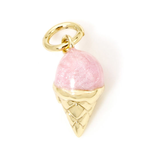 Picture of 2 PCs Eco-friendly Brass Charms 18K Real Gold Plated Pink Pearlized Ice Lolly Enamel 15mm x 6mm