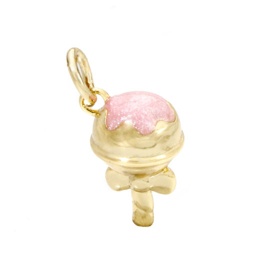 Picture of 2 PCs Eco-friendly Brass Charms 18K Real Gold Plated Pink Pearlized Lollipop Enamel 17mm x 8mm