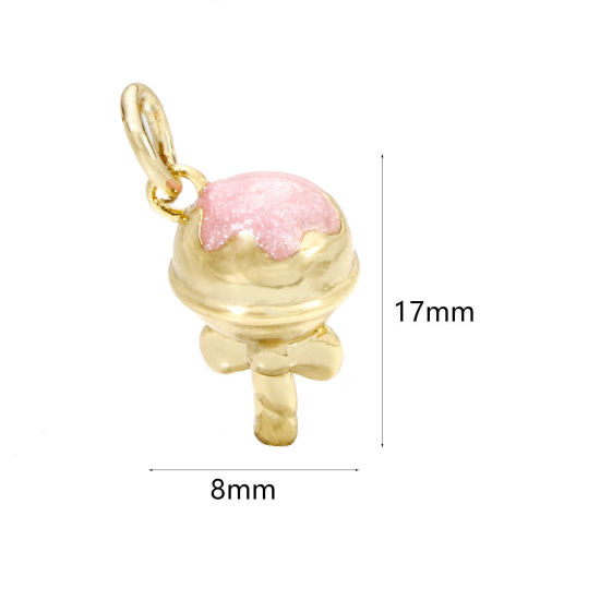 Picture of 2 PCs Eco-friendly Brass Charms 18K Real Gold Plated Pink Pearlized Lollipop Enamel 17mm x 8mm