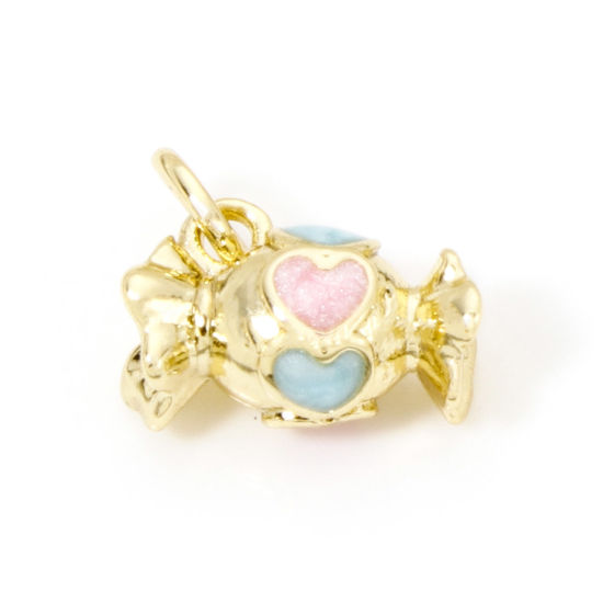 Picture of 2 PCs Eco-friendly Brass Charms 18K Real Gold Plated Pink & Lightblue Pearlized Candy Enamel 11mm x 11mm