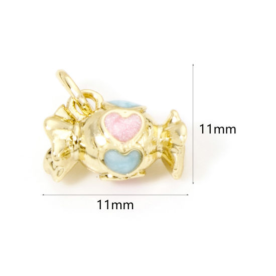 Picture of 2 PCs Eco-friendly Brass Charms 18K Real Gold Plated Pink & Lightblue Pearlized Candy Enamel 11mm x 11mm