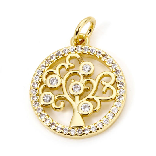 Picture of 1 Piece Eco-friendly Brass Micro Pave Charms 18K Real Gold Plated Round Tree of Life Hollow Clear Cubic Zirconia 21mm x 15mm