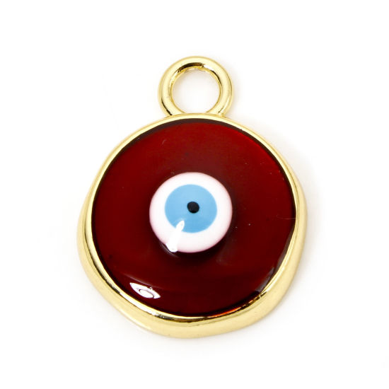 Picture of 1 Piece Eco-friendly Brass Religious Charms 18K Real Gold Plated Red Round Evil Eye Enamel 28mm x 22mm