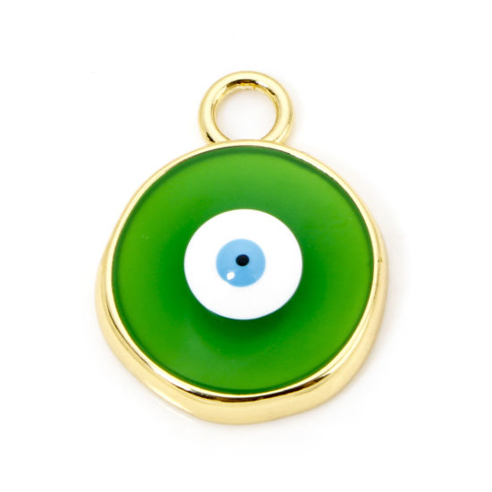 Picture of 1 Piece Eco-friendly Brass Religious Charms 18K Real Gold Plated Green Round Evil Eye Enamel 28mm x 22mm