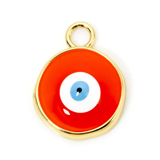 Picture of 1 Piece Eco-friendly Brass Religious Charms 18K Real Gold Plated Orange Round Evil Eye Enamel 28mm x 22mm