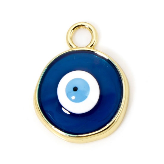 Picture of 1 Piece Eco-friendly Brass Religious Charms 18K Real Gold Plated Blue Round Evil Eye Enamel 28mm x 22mm