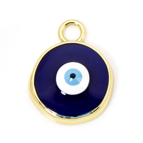 Picture of 1 Piece Eco-friendly Brass Religious Charms 18K Real Gold Plated Dark Blue Round Evil Eye Enamel 28mm x 22mm