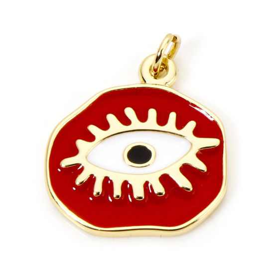 Picture of 1 Piece Eco-friendly Brass Religious Charmes 18K Real Gold Plated Red Irregular Eye of Providence/ All-seeing Eye Enamel 22.5mm x 19mm