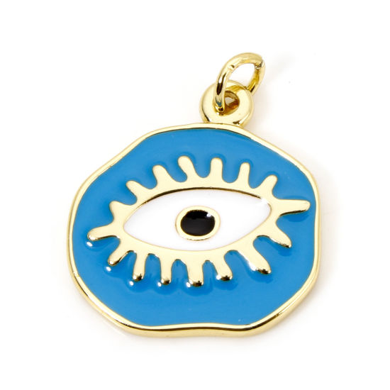 Picture of 1 Piece Eco-friendly Brass Religious Charmes 18K Real Gold Plated Blue Irregular Eye of Providence/ All-seeing Eye Enamel 22.5mm x 19mm