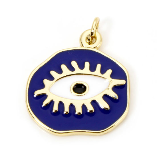 Picture of 1 Piece Eco-friendly Brass Religious Charmes 18K Real Gold Plated Dark Blue Irregular Eye of Providence/ All-seeing Eye Enamel 22.5mm x 19mm