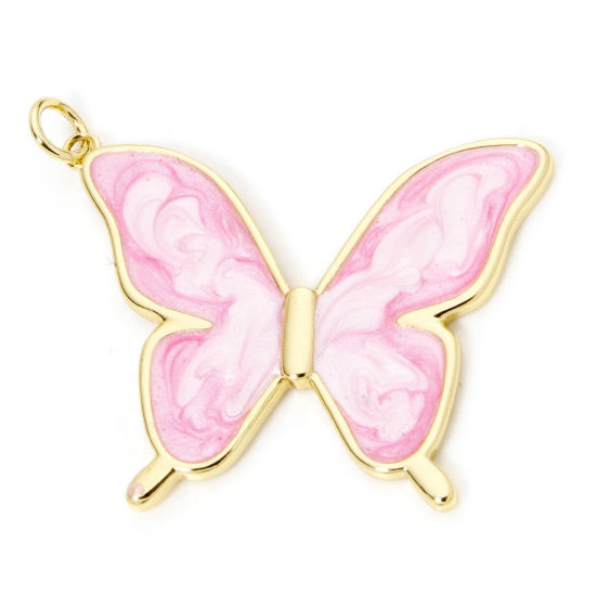 Picture of 1 Piece Eco-friendly Brass Insect Pendants 18K Real Gold Plated Pink Pearlized Butterfly Animal Enamel 3.3cm x 3cm