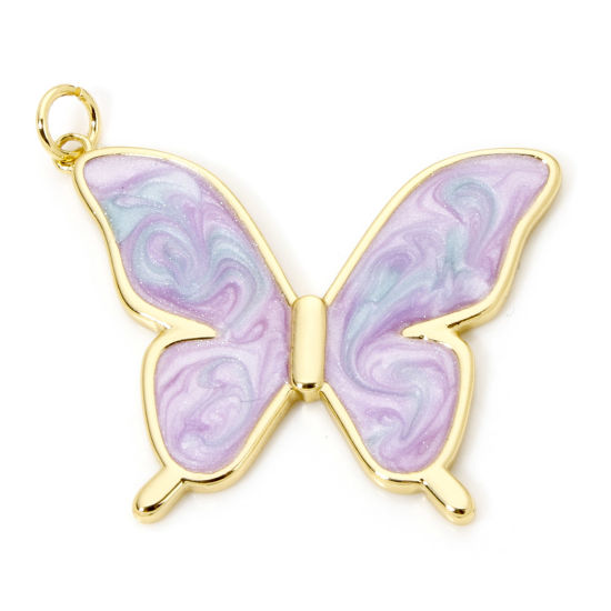 Picture of 1 Piece Eco-friendly Brass Insect Pendants 18K Real Gold Plated Mauve Pearlized Butterfly Animal Enamel 3.3cm x 3cm