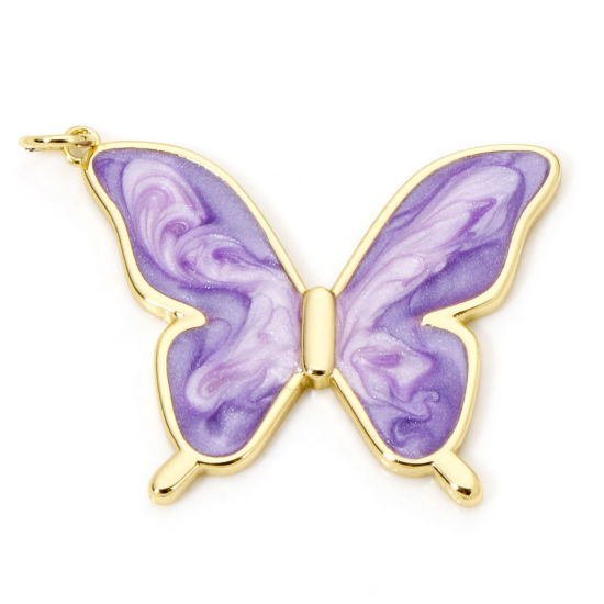 Picture of 1 Piece Eco-friendly Brass Insect Pendants 18K Real Gold Plated Purple Pearlized Butterfly Animal Enamel 3.3cm x 3cm