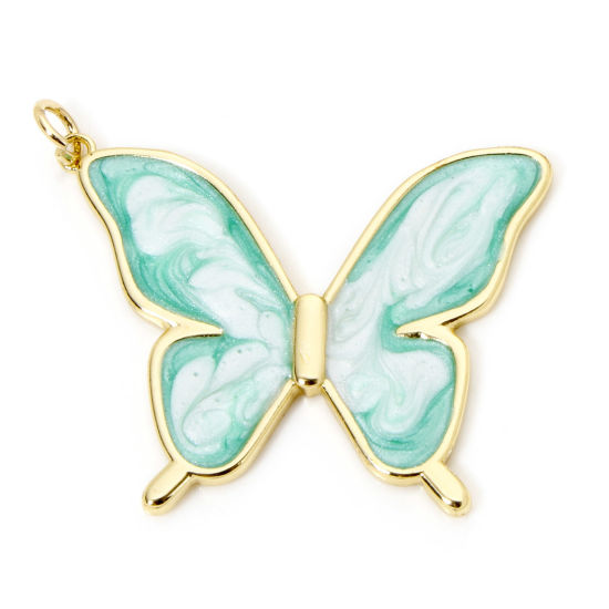 Picture of 1 Piece Eco-friendly Brass Insect Pendants 18K Real Gold Plated Green Pearlized Butterfly Animal Enamel 3.3cm x 3cm