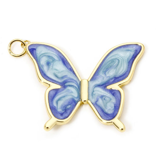 Picture of 1 Piece Eco-friendly Brass Insect Pendants 18K Real Gold Plated Blue Pearlized Butterfly Animal Enamel 3.3cm x 3cm