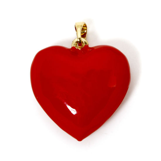 Bild von 2 Stück Umweltfreundlich Messing Valentinstag Charm-Anhänger 18K Echtgold plattiert Rot Herz Emaille 28mm x 22.5mm
