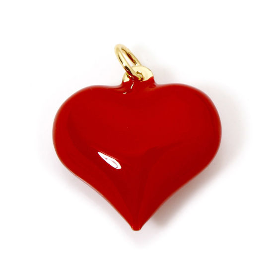 Bild von 2 Stück Umweltfreundlich Messing Valentinstag Charms 18K Echtgold plattiert Rot Herz Emaille 21mm x 17mm