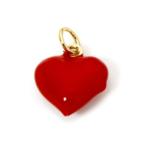 Bild von 2 Stück Umweltfreundlich Messing Valentinstag Charms 18K Echtgold plattiert Rot Herz Emaille 16mm x 12mm