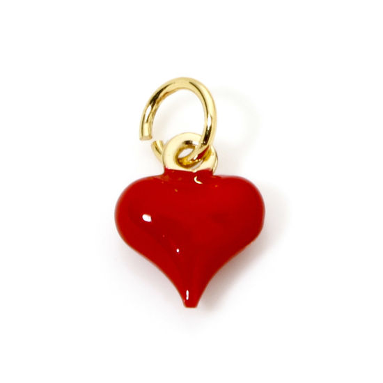 Bild von 2 Stück Umweltfreundlich Messing Valentinstag Charms 18K Echtgold plattiert Rot Herz Emaille 13mm x 8mm