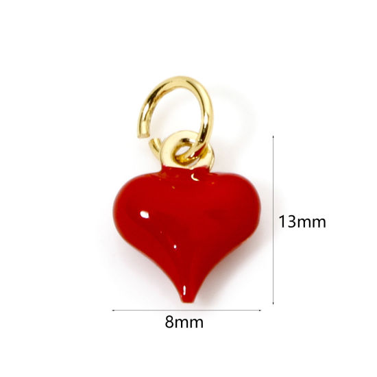 Bild von 2 Stück Umweltfreundlich Messing Valentinstag Charms 18K Echtgold plattiert Rot Herz Emaille 13mm x 8mm
