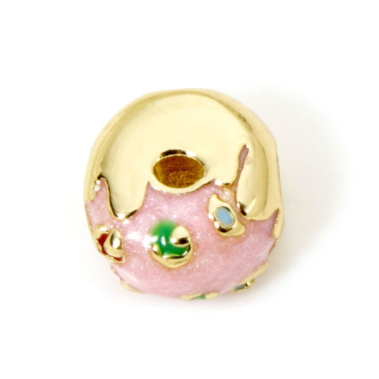 Picture of 1 Piece Eco-friendly Brass Beads For DIY Jewelry Making 18K Real Gold Plated Pink Donut Enamel 3D About 10mm x 9.5mm, Hole: Approx 2.8mm