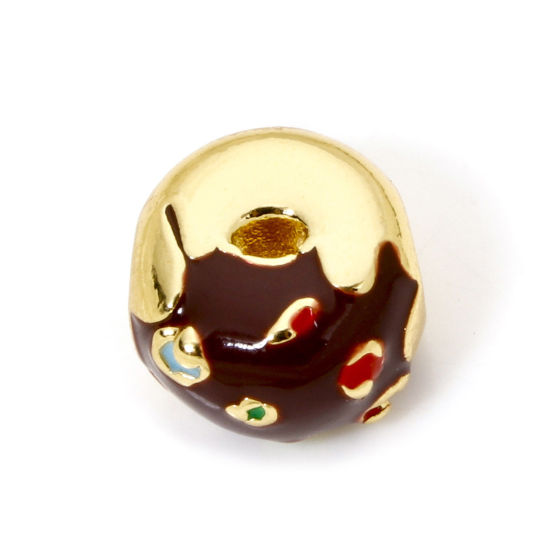 Picture of 1 Piece Eco-friendly Brass Beads For DIY Jewelry Making 18K Real Gold Plated Coffee Donut Enamel 3D About 10mm x 9.5mm, Hole: Approx 2.8mm