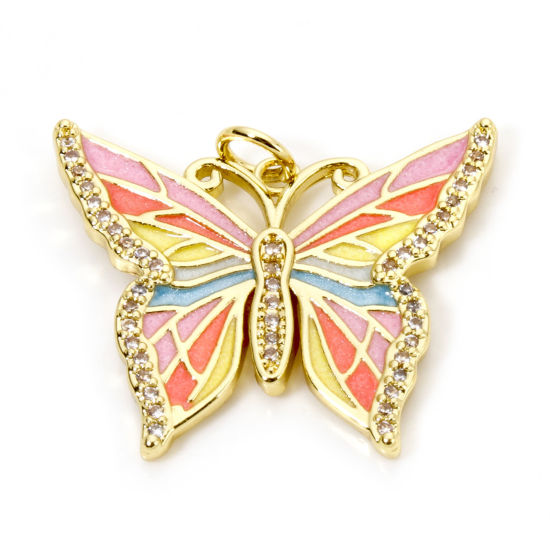 Immagine di 1 Pz Ecologico Ottone Micro Intarsio Ciondoli Farfalla 18K Vero Oro Placcato Multicolore Smalto Trasparente Cubic Zirconiae 26mm x 23mm