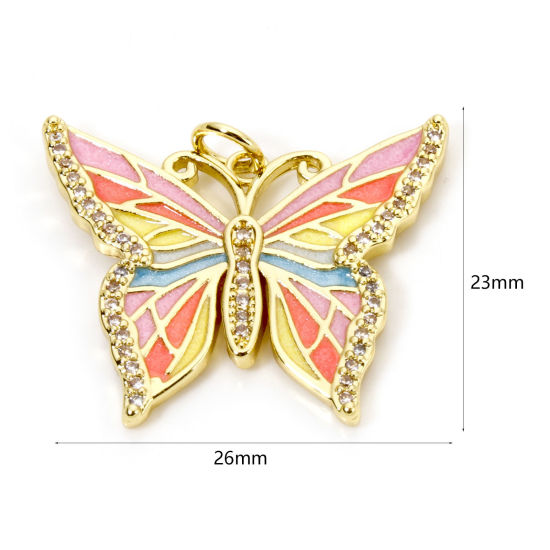 Immagine di 1 Pz Ecologico Ottone Micro Intarsio Ciondoli Farfalla 18K Vero Oro Placcato Multicolore Smalto Trasparente Cubic Zirconiae 26mm x 23mm