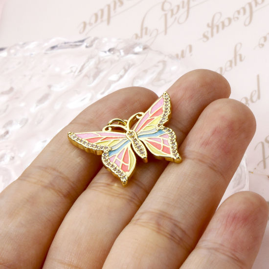 Immagine di 1 Pz Ecologico Ottone Micro Intarsio Ciondoli Farfalla 18K Vero Oro Placcato Multicolore Smalto Trasparente Cubic Zirconiae 26mm x 23mm