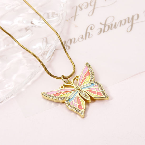 Immagine di 1 Pz Ecologico Ottone Micro Intarsio Ciondoli Farfalla 18K Vero Oro Placcato Multicolore Smalto Trasparente Cubic Zirconiae 26mm x 23mm