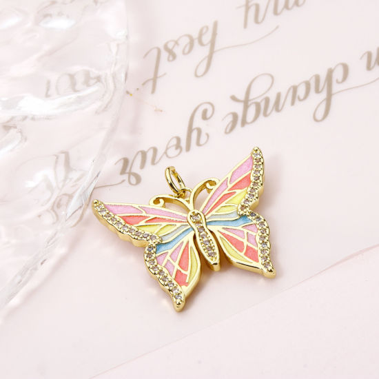 Immagine di 1 Pz Ecologico Ottone Micro Intarsio Ciondoli Farfalla 18K Vero Oro Placcato Multicolore Smalto Trasparente Cubic Zirconiae 26mm x 23mm