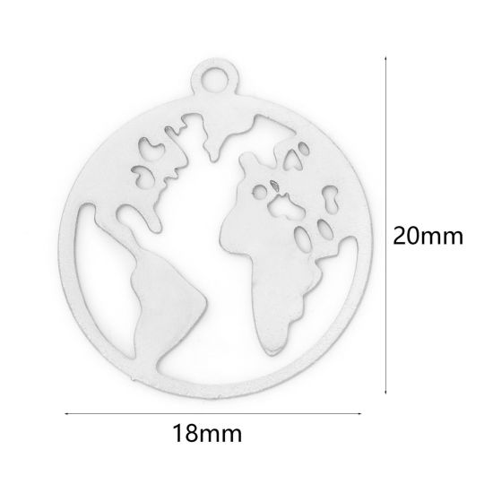 Picture of 20 PCs Iron Based Alloy Filigree Stamping Charms Silver Tone Round World Map Hollow 20mm x 18mm