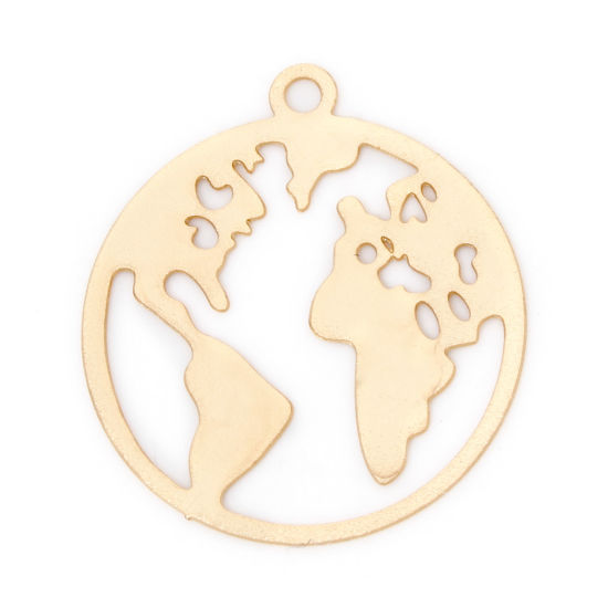 Picture of 20 PCs Iron Based Alloy Filigree Stamping Charms KC Gold Plated Round World Map Hollow 20mm x 18mm