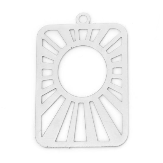 Picture of 20 PCs Iron Based Alloy Filigree Stamping Charms Silver Tone Rectangle Sun Rays Hollow 29mm x 19mm