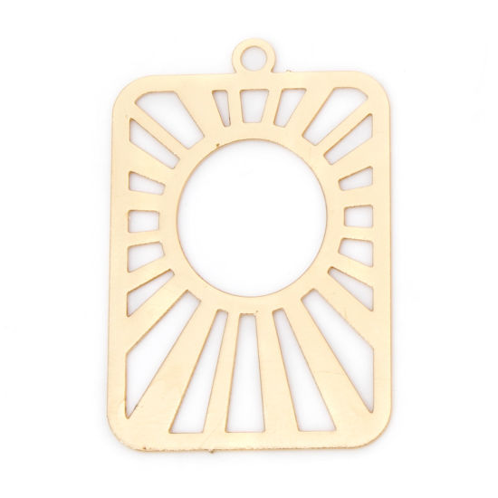 Picture of 20 PCs Iron Based Alloy Filigree Stamping Charms KC Gold Plated Rectangle Sun Rays Hollow 29mm x 19mm