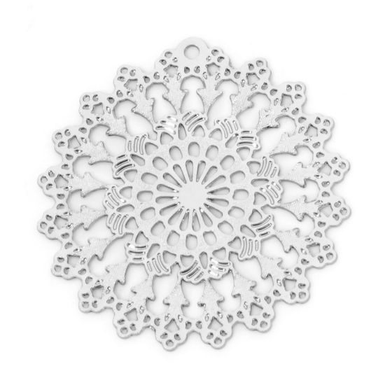 Picture of 20 PCs Iron Based Alloy Filigree Stamping Charms Silver Tone Flower Lace Hollow 23mm x 22mm