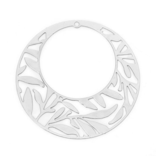 Picture of 10 PCs Iron Based Alloy Filigree Stamping Pendants Silver Tone Round Leaf Hollow 4.1cm Dia.