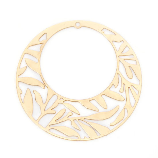 Picture of 10 PCs Iron Based Alloy Filigree Stamping Pendants KC Gold Plated Round Leaf Hollow 4.1cm Dia.