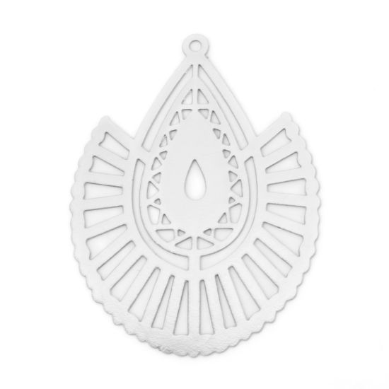 Picture of 10 PCs Iron Based Alloy Filigree Stamping Pendants Silver Tone Drop Hollow 4cm x 3cm