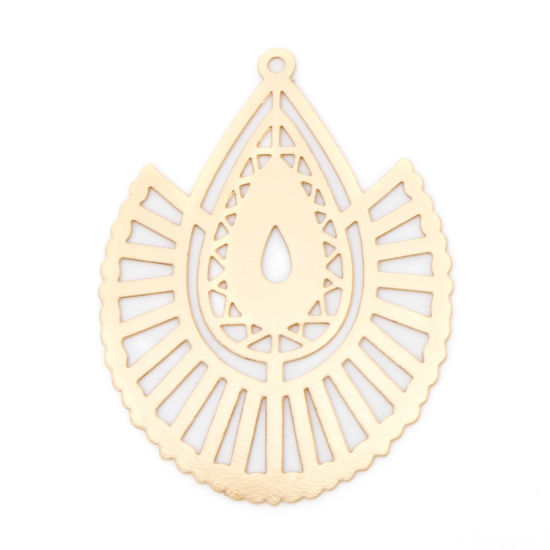 Picture of 10 PCs Iron Based Alloy Filigree Stamping Pendants KC Gold Plated Drop Hollow 4cm x 3cm